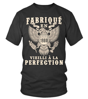 T-shirt anniversaire vintage homme noir motif aigle héraldique Fabriqué en année personnalisée vieilli perfection