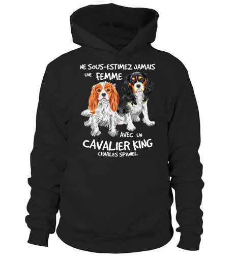 Sweat Cavalier King Charles Spaniel humour femme noir motif deux chiens blenheim et tricolore message complice