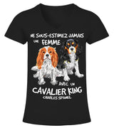 T-shirt spaniel cavalier femme noir motif deux Cavalier King Charles humour ne sous-estimez jamais cynophile