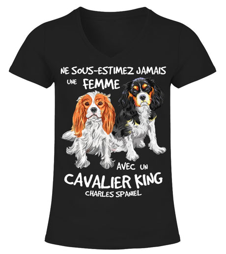 T-shirt spaniel cavalier femme noir motif deux Cavalier King Charles humour ne sous-estimez jamais cynophile