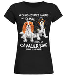 T-shirt Cavalier King Charles Spaniel femme noir motif spaniel blenheim et tricolore message humour cynophile