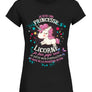 T-shirt licorne femme noir motif licorne rose et papillons étoiles cœurs message princesse licorne humour