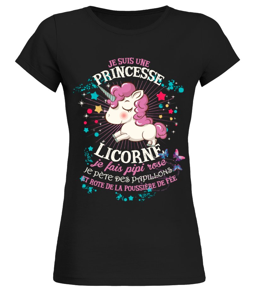 T-shirt licorne femme noir motif licorne rose et papillons étoiles cœurs message princesse licorne humour