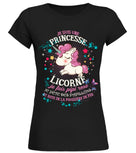 T-shirt licorne femme noir motif licorne rose et papillons étoiles cœurs message princesse licorne humour
