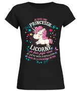T-shirt licorne femme noir motif licorne rose et papillons étoiles cœurs message princesse licorne humour