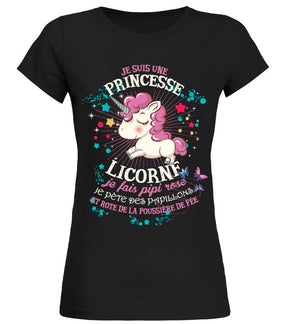 T-shirt licorne femme noir motif licorne rose et papillons étoiles cœurs message princesse licorne humour