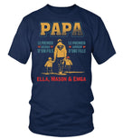 Tee-shirt papa bleu marine slogan Super Papa silhouette père enfants prénoms personnalisables vue avant