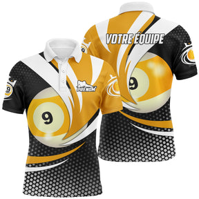 Polo billard noir et or homme avec boule 9 jaune dorée et inscription VOTRE ÉQUIPE, prénom et équipe personnalisés
