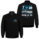 Sweat capuche zippé sport pétanque noir avec slogan Pétanque pour la Vie et boules brodées