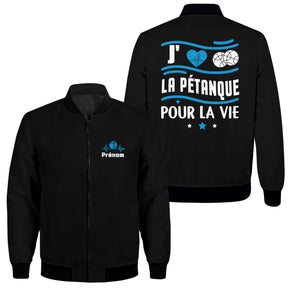 Sweat capuche zippé sport pétanque noir avec slogan Pétanque pour la Vie et boules brodées