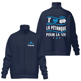 Coupe-vent matelassé sport pétanque bleu marine avec slogan J'aime la Pétanque pour la Vie et boules