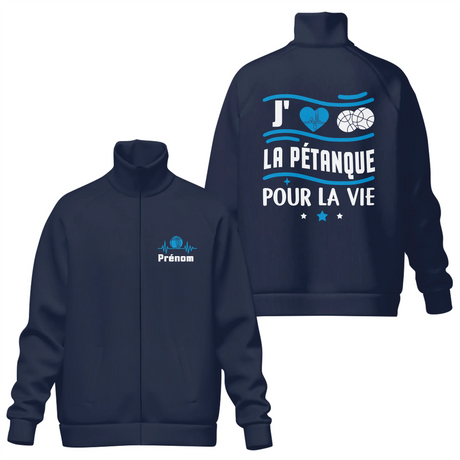 Coupe-vent matelassé sport pétanque bleu marine avec slogan J'aime la Pétanque pour la Vie et boules