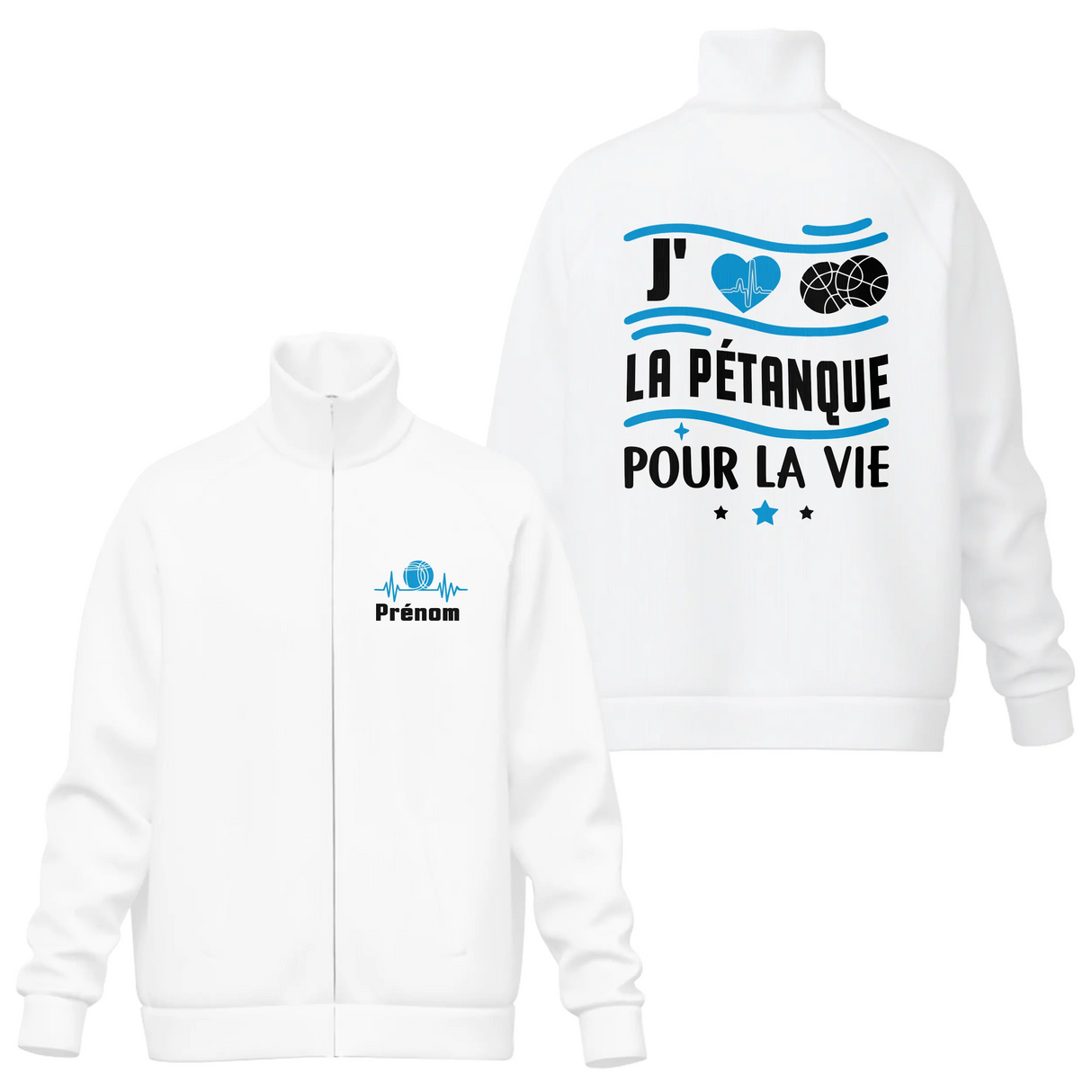 Veste Sport Personnalisée – Design ‘J’aime la Pétanque pour la Vie’ | Confort & Style - A02012501 - Veste col montant blanche