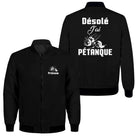 Veste zippée pétanque humour noire avec slogan Désolé J'ai Pétanque et boules en mouvement au dos