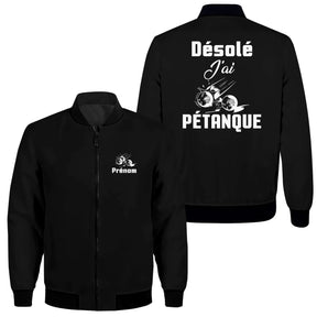 Veste zippée pétanque humour noire avec slogan Désolé J'ai Pétanque et boules en mouvement au dos