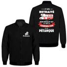 Coupe-vent matelassé retraité camping-car pétanque noir avec slogan Je suis retraité et camping-car blanc rouge