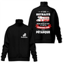 Sweat capuche zippé retraité camping-car pétanque noir avec design camping-car et slogan complice retraite