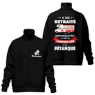 Sweat capuche zippé retraité camping-car pétanque noir avec design camping-car et slogan complice retraite
