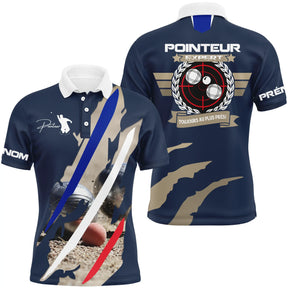 Polo pétanque homme bleu Pointeur Expert As du Carreau médaille devant prénom manche personnalisé