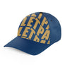 Casquette palet sport bleu marine vue arrière design typographique jaune ocre élégant graphique