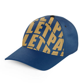 Casquette palet sport bleu marine vue arrière design typographique jaune ocre élégant graphique