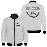 Sweat capuche zippé pétanque Gang des Pétanqueurs gris chiné avec boules et inscription humoristique au dos