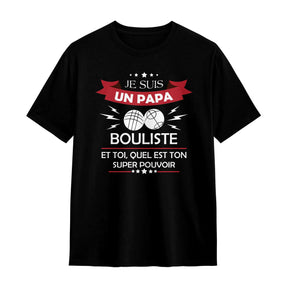 T-shirt papa bouliste pétanque noir avec inscription Je suis un Papa Bouliste et boules rouges