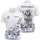 Polo billard blanc et camouflage violet homme avec boule 8 et table de billard, prénom et équipe personnalisés