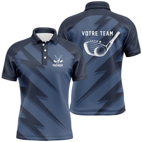 Polo golf bleu marine homme avec motif club de golf et écusson VOTRE TEAM, prénom et équipe personnalisés