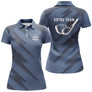 Polo golf bleu marine femme avec club de golf stylisé et logo équipe, prénom personnalisé