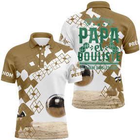 Polo pétanque beige sable damier message j'ai deux titres papa et bouliste boules réalistes PRÉNOM personnalisé
