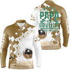 Polo pétanque beige sable damier vue dos message papa bouliste deux titres boules réalistes humour