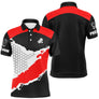 Polo pétanque Femme rouge et noir avec motif alvéolé hexagonal et logo trois boules manche