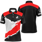 Polo pétanque Femme rouge et noir avec motif alvéolé hexagonal et logo trois boules manche