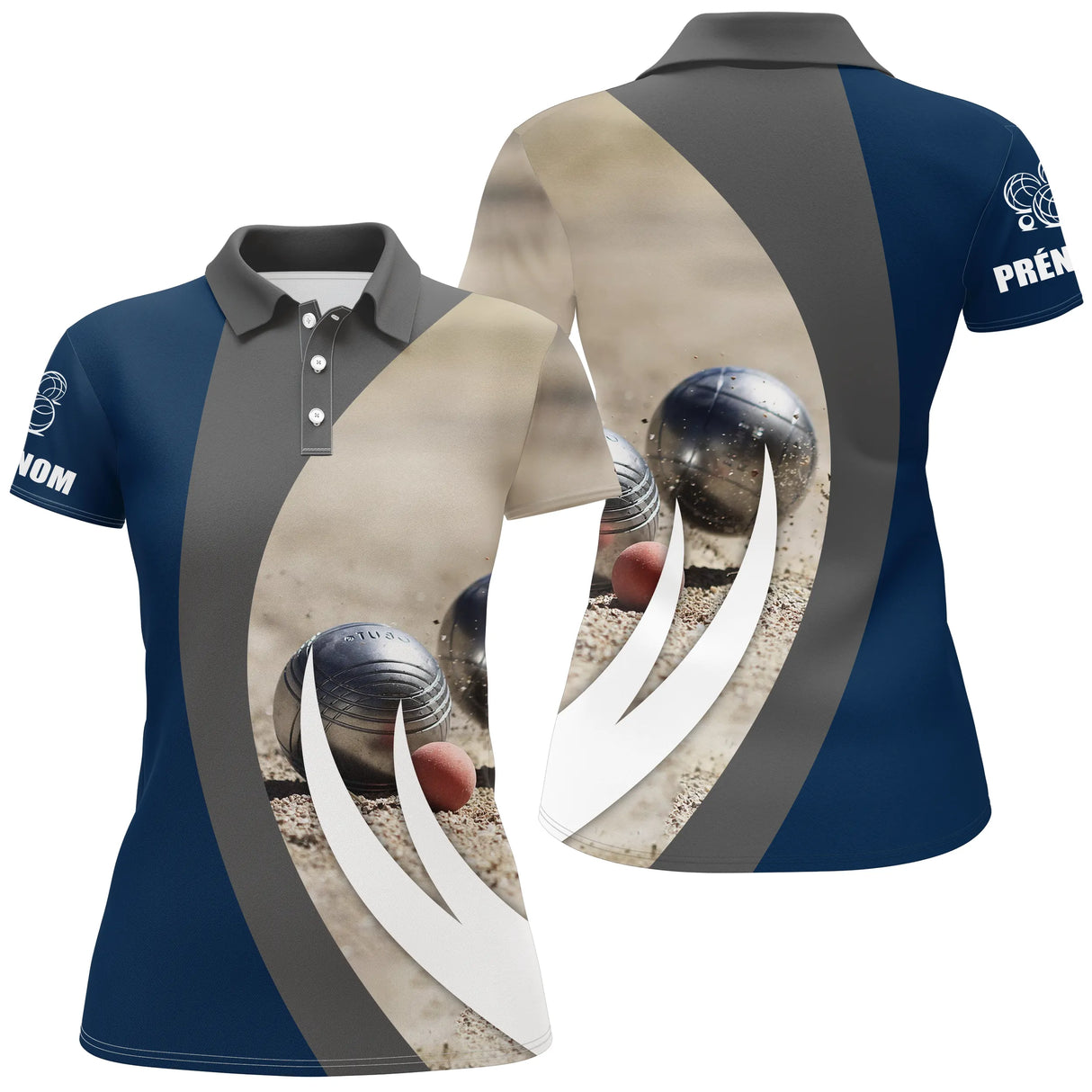 Maillot et Short Pétanque Personnalisé – Design Boules & Cochonnet - A03122403 - Polo Femme marine