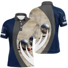 Polo pétanque Femme bleu marine avec photo boules métalliques et cochonnet rouge motif hexagonal
