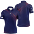 Polo pétanque Femme bleu marine avec halftone rouge diagonale et logo trois boules manche