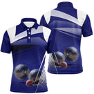Polo pétanque Femme bleu marine avec photo réaliste des boules sur la sciure et logo manche