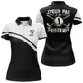 Polo de golf femme bicolore noir et blanc clubs croisés lettrage humoristique coupe ajustée féminine