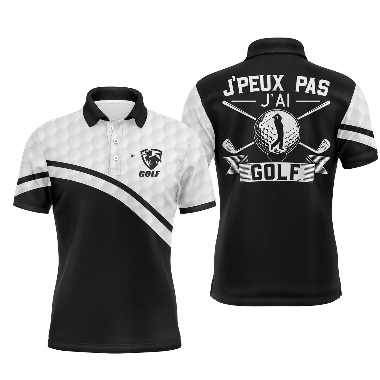 Polo de golf personnalisé homme bicolore noir et blanc avec clubs croisés et lettrage J'peux Pas J'ai Golf
