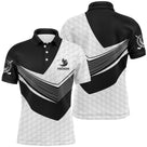 Polo golf noir et blanc homme avec silhouette golfer en swing et motif lignes dynamiques, prénom personnalisé