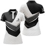 Polo golf noir et blanc femme avec figure de golfeur et lignes sportives, prénom personnalisé