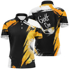 Polo golf noir et jaune orange homme avec inscription GOLF ON et silhouette golfer en swing