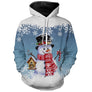 Sweat à capuche Noël bleu unisexe avec bonhomme de neige souriant, écharpe rouge et chapeau noir