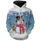 Sweat à capuche Noël bleu unisexe avec bonhomme de neige souriant, écharpe rouge et chapeau noir
