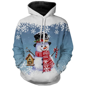 Sweat à capuche Noël bleu unisexe avec bonhomme de neige souriant, écharpe rouge et chapeau noir