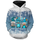 Sweat à capuche Noël bleu unisexe avec gnomes de Noël colorés et inscription Hello Winter sous flocons