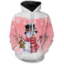 Pull noël variante festive rose avec bonhomme de neige souriant, oiseau et maisonnette