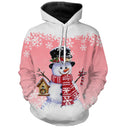 Pull noël variante festive rose avec bonhomme de neige souriant, oiseau et maisonnette