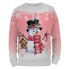 Sweat noël unisexe rose avec bonhomme de neige souriant, oiseau et maisonnette